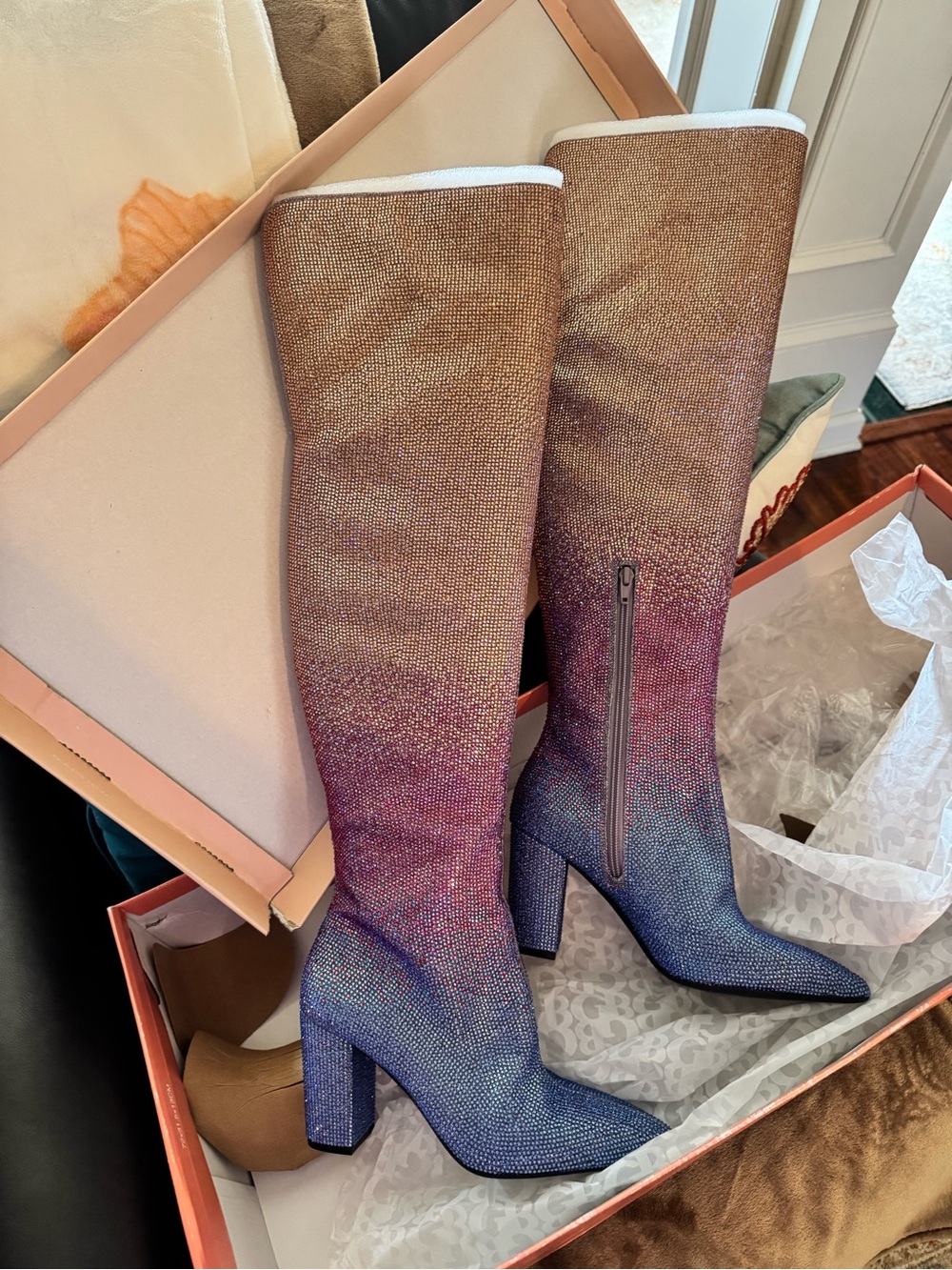 Over the knee size 7 Sparkle boot,  Gradient crystals Block Heel - Pink Blue.